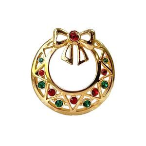 2000 Lia Sophia Gold Plate Red & Green Rhinestone Christmas Wreath Holiday Pin